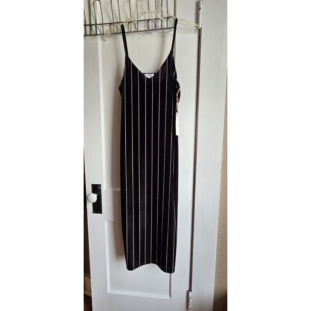 Leith women velvet navy blue stripes spegettie straps midi dress Small